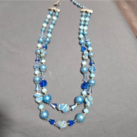 Vintage Vendome Mid-Century Blue Crystal and Bead Double Strand Necklace - Picture 7 of 10